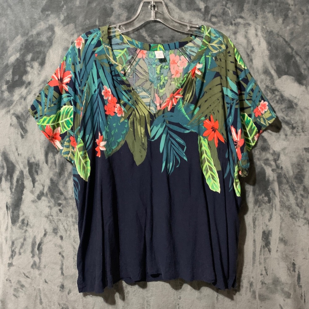 Old Navy Blouse Womens XXL Pretty Co Black Print Navy Blue Tropical Floral EUC - Picture 2 of 13